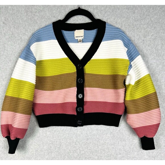 Industry Sweater Womens Small Petite Black Cropped Balloon Sleeve Y2K Striped - Picture 3 of 14